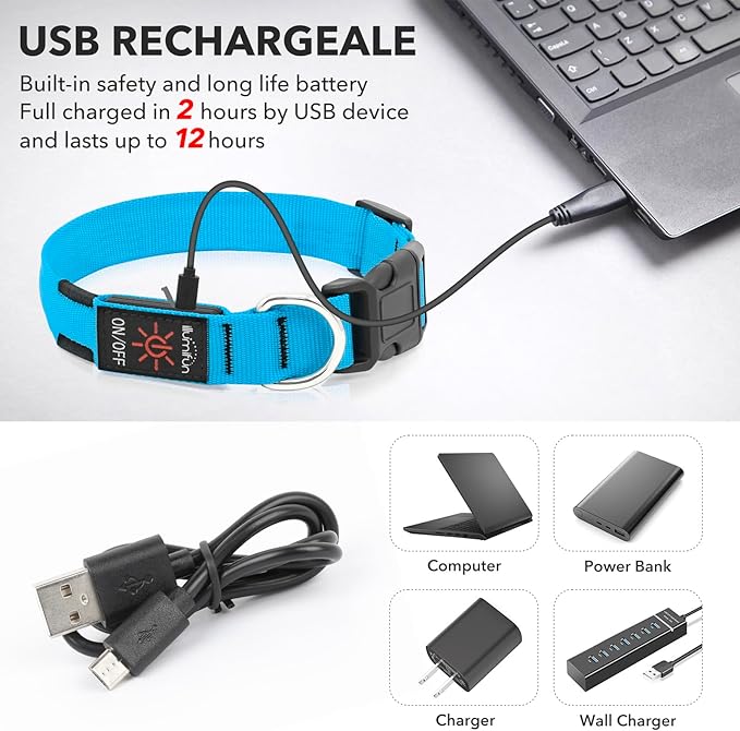 Illumifun LED Dog Collar, USB Rechargeable Light Up Collar Glow in The Dark, Adjustable Safety Pet