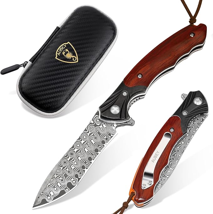 AUBEY Damascus Pocket Knife, Folding Knife with 3.43" Blade, Wooden Handle, Clip, EDC Knife for