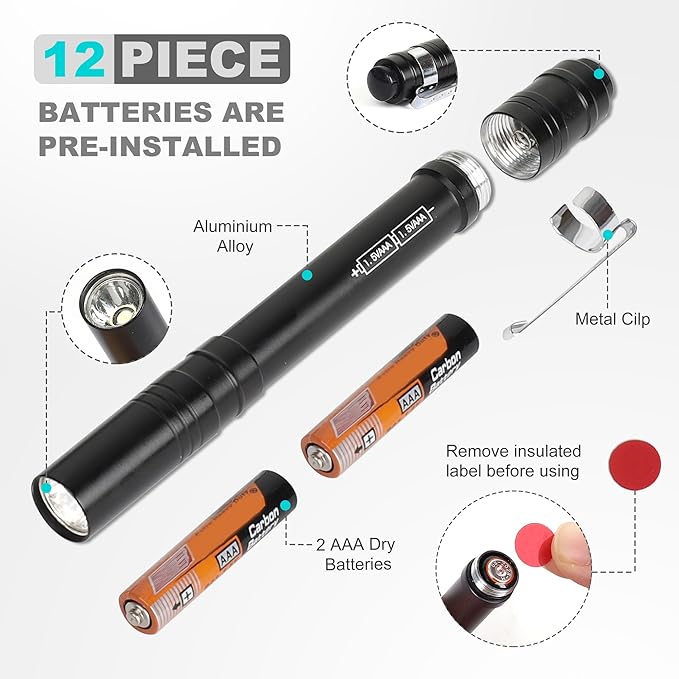 FASTPRO 6-Pack Pen Light, Aluminum LED Penlights with Batteries Included & Pre-Installed, Pocket