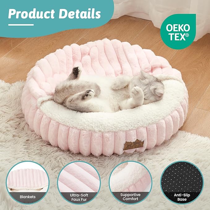 Cat Bed with Hooded Blanket, Round Fluffy Anti-Anxiety Pet Bed for Cats/Small Dogs, Cozy Donut