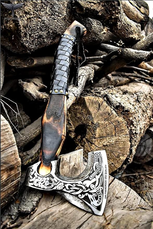 Custom Gift Forged Carbon Steel Viking Axe with Rose Wood Shaft, Viking Bearded Camping Axe &