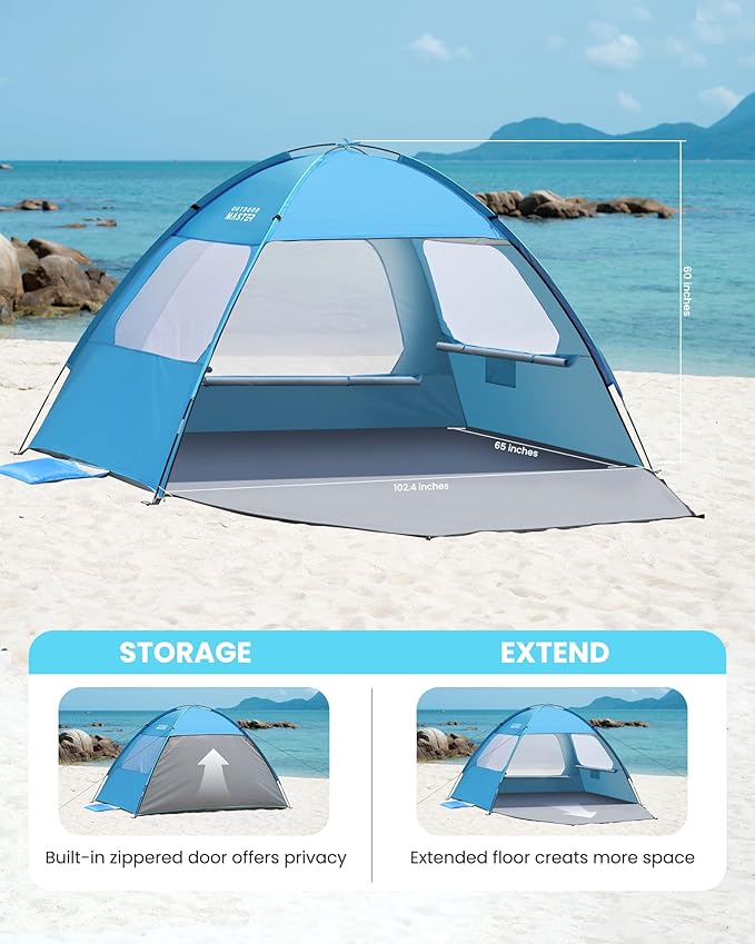 OutdoorMaster Beach Tent for 3/4 Person - Easy Setup Sun Shade Shelter, Portable Beach Shade Sun