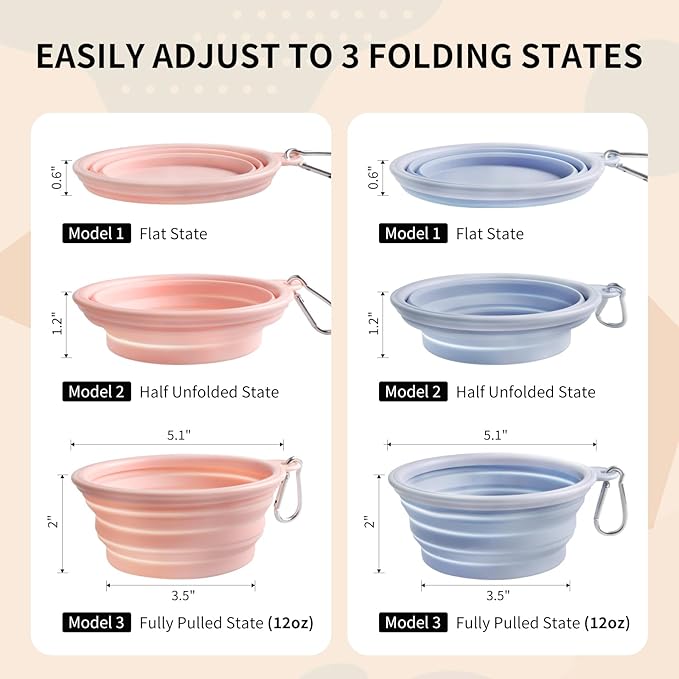 Collapsible Dog Bowls 2-Pack, Portable Travel Dog Bowl with Carabiner, Food-Grade Silicone Pet Bowl