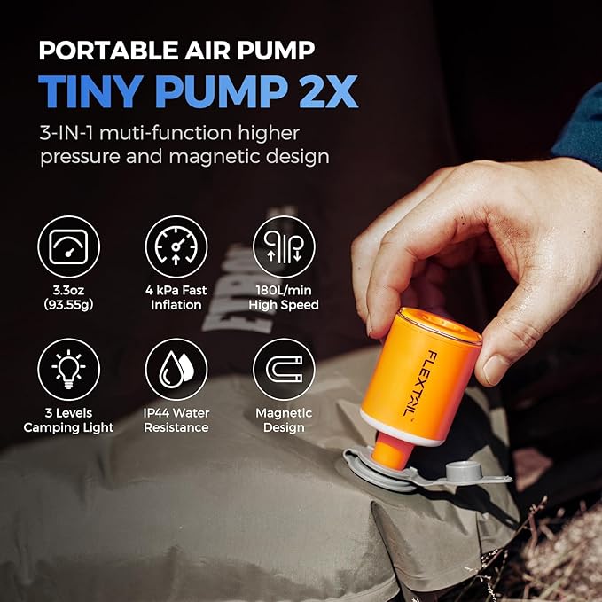 FLEXTAILGEAR Portable Air Pump with Camping Lantern Tiny Pump 2X 4kPa Air Pump for Inflatables
