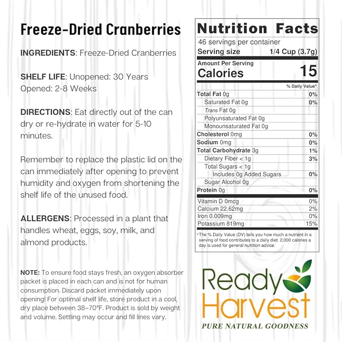 Ready Harvest Dehydrated Food - Cranberries | Dried Fruit | Emergency Snacks | #10 Can | 25-Year