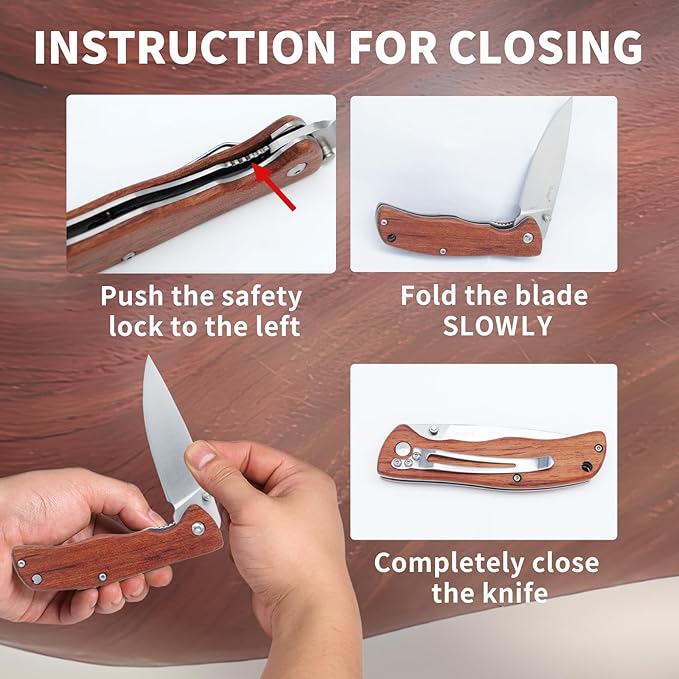 Vickay Pocket Knife for Men, Folding Knife with Clip, 3.74" 8Cr13MoV Steel Blade, Wood Handle EDC
