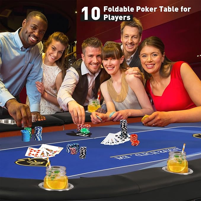 Upgrade Foldable Poker Table for 10 Players - Texas Holdem & Blackjack Board Game Table - Large