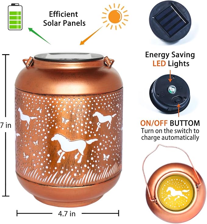 2 Pack Horse Solar Lanterns Outdoor Waterproof,Hanging Solar Lights Horse Gifts for Women Men Metal