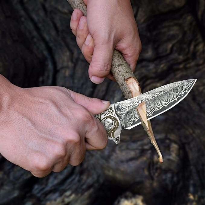 AUBEY EDC Damascus Pocket Knife with Leather Sheath, Abalone Shells Handle, Handmade Damascus Steel