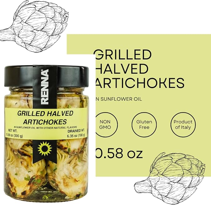 Renna, Grilled Roasted Halved Artichokes preserved in oil, 10.58 oz, Heart, Mediterranean flavor