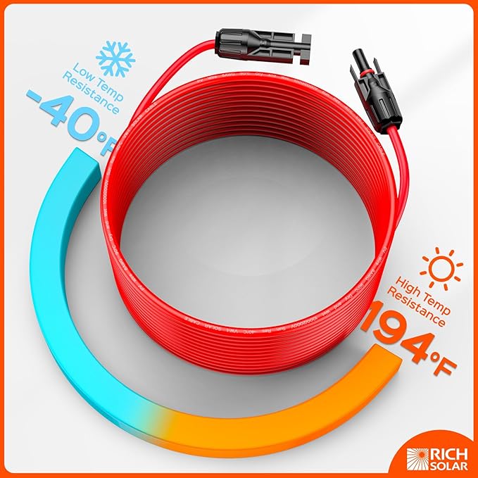 RICH SOLAR 10 Gauge 10AWG One Pair 10 Feet Red + 10 Feet Black Solar Panel Extension Cable Wire