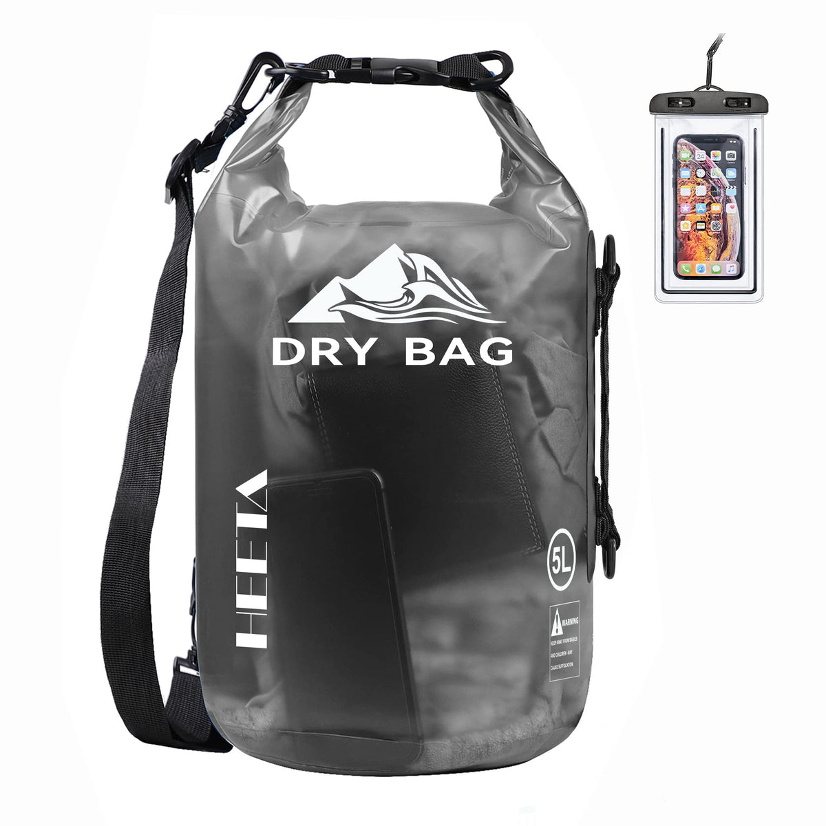 HEETA Dry Bag Waterproof Backpack with Phone Case (Transparent Black, 5L)