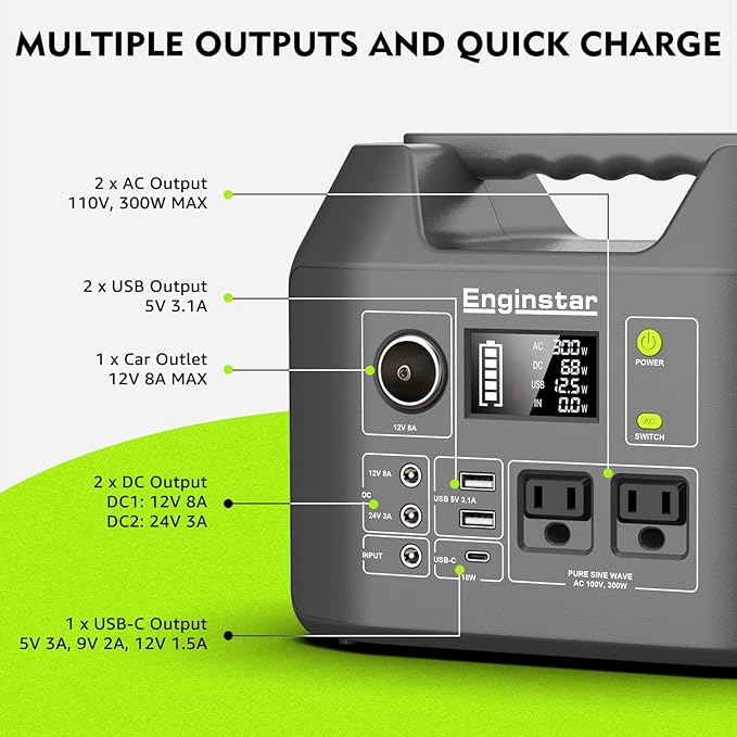 EnginStar Solar Generator, 300W Portable Power Station, 296Wh Lithium Battery Backup w/Two 110V