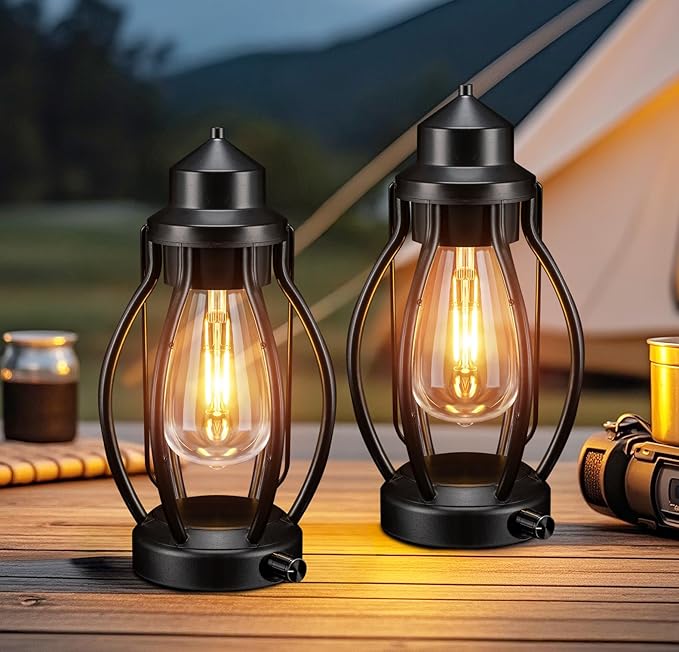 Rechargeable Outdoor Camping Lanterns 2Pack, Vintage Dimmable Hanging Outdoor Camping Lights with
