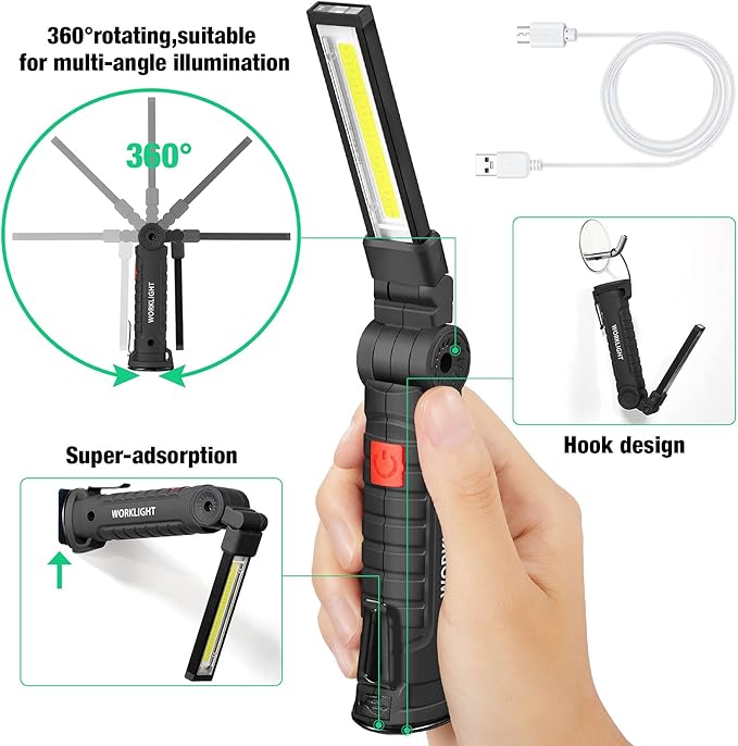 Honoson 4 Pieces LED Work Light Cob Rechargeable Work Flashlight with Magnetic Base, Hanging Hook