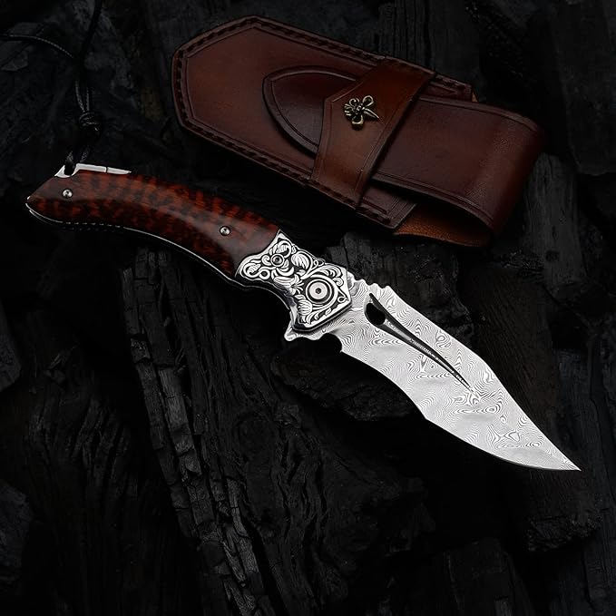 Japanese VG 10 Damascus Steel Folding Knife, Outdoor Wilderness Survival Pocket Knife, Snake Wood