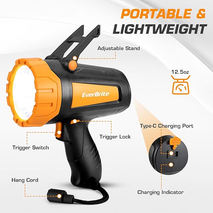 EverBrite Powerful Rechargeable Spotlight, 500lm LED Flashlight with Adjustable Stand, Perfect for
