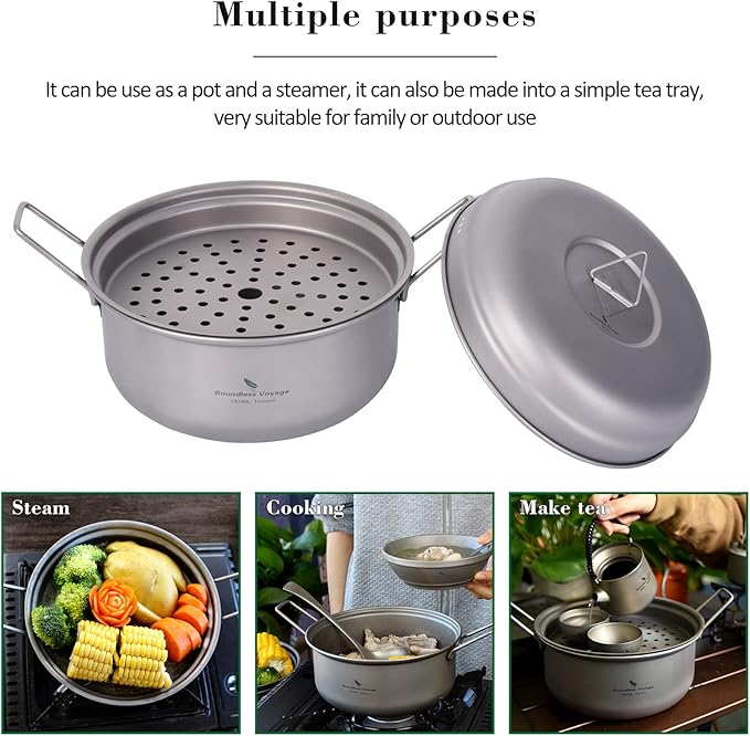 Boundless Voyage Multifunctional Titanium Steamer Pot with Frying Pan and Vented Lid Outdoor