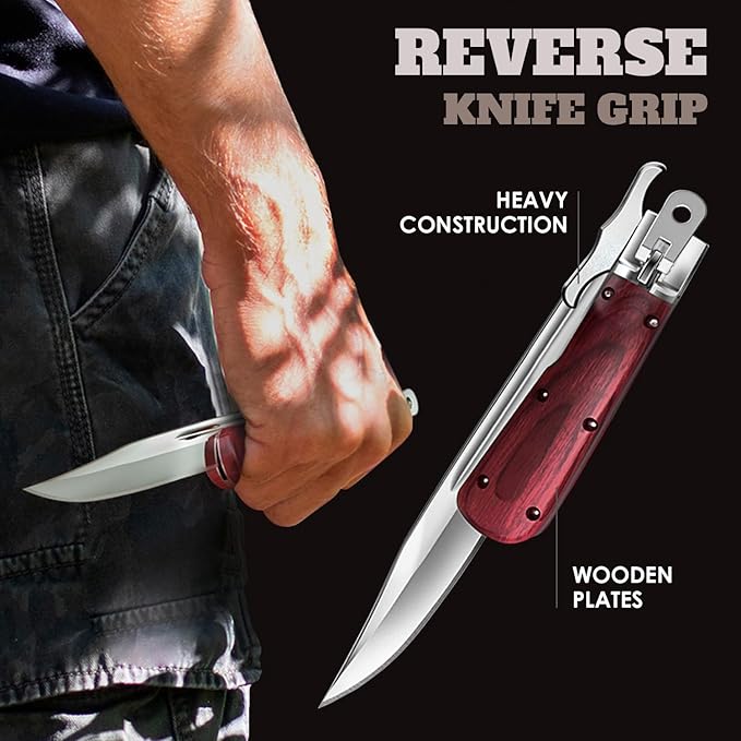 Grand Way 12.2" Retro Folding Knife with Wood Handle & Leather Sheath - 7.8" Long Foldable Sharp