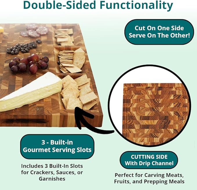 EcoDecors FSC Certified Solid Teak Cutting Board 20x15, Reversible End Grain Wood Board with 3