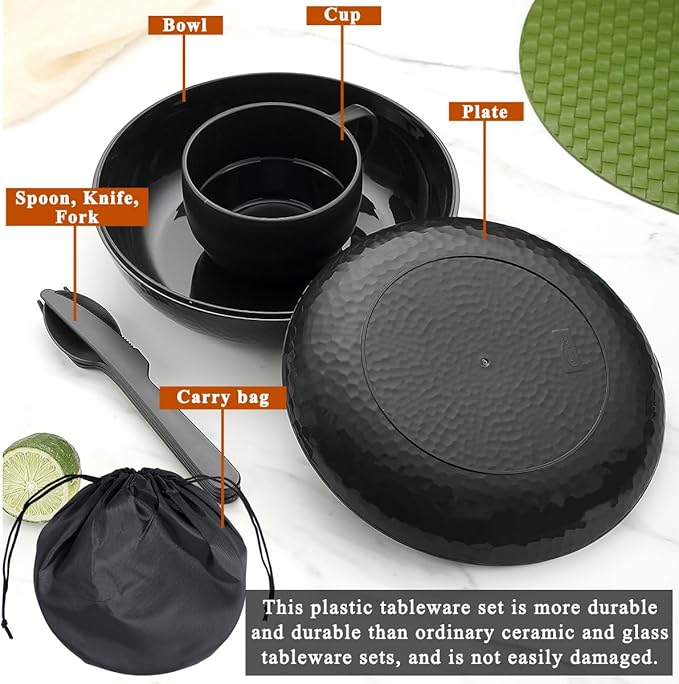 Berglander Camping Mess Kit with Bowl, Plate, Cup, Spoon, Fork, Knife and Carry Bag, Plastic