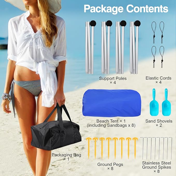 Rhino Valley Beach Tent Shade Canopy UPF50+ Protection, 8 Sandbags, 4 Stability Poles, Outdoor Sun