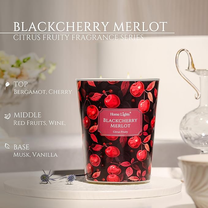 HomeLights Soy Wax Candles for Home Scented, 3-Wick Candles in Blackcherry Merlot Scented