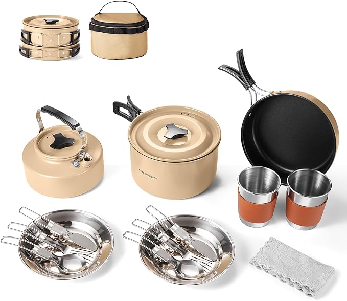Odoland 15pcs Camping Cookware Mess Kit, Non-Stick Lightweight Pot Pan Kettle Set with Stainless