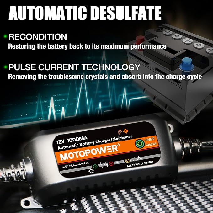 MOTOPOWER MP00205B 12V 1000mA Automatic Battery Charger, Battery Maintainer, Trickle Charger, and