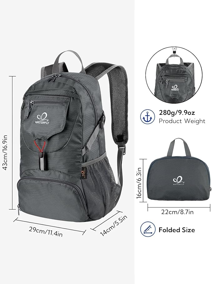WATERFLY Small Lightweight Packable Backpack: 20l Ultra Light Foldable Travel Hiking Camping