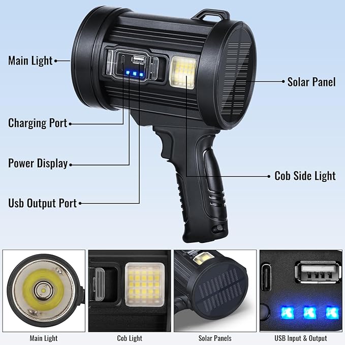 Rechargeable Spotlight Flashlight, 99,000 Lumens Spot Light Handheld Spot Lights, LED Spotlights