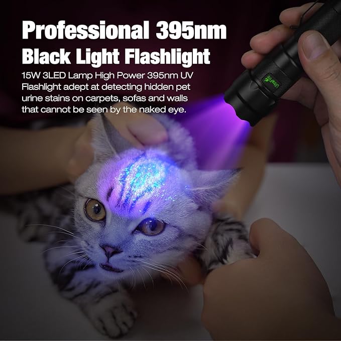 ULTRAFIRE 395nm UV Flashlight Rechargeable - 15W High Power Ultraviolet Blacklight for Pet Urine