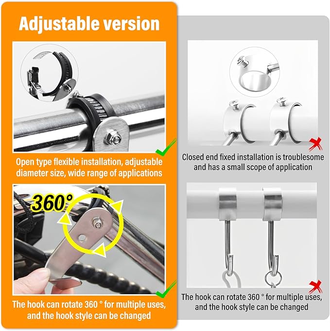 Tube Rod Hooks,Stainless Steel Adjustable J Hooks, for 0.71"-1.26" in (18-32mm) Inner Dia