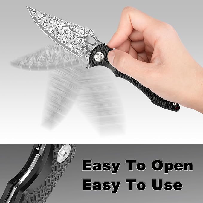 Pocket Knife for EDC Damascus Pocket Knife with Black Aluminum Handle 3.3" Damascus Blade Pocket