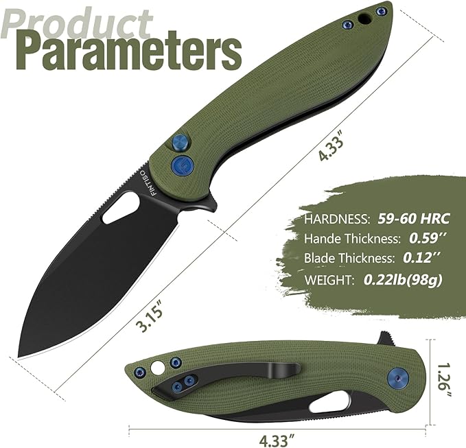 FINTISO Pocket Knife, 3.1" Premium 14C28N Blade Folding Knife with Button Lock, EDC Knife with G10