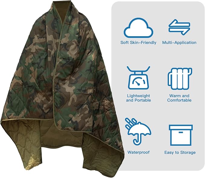 Military Poncho Liner 55”x 79” Camping Blanket Insulation Compact Waterproof for Travel Stadium