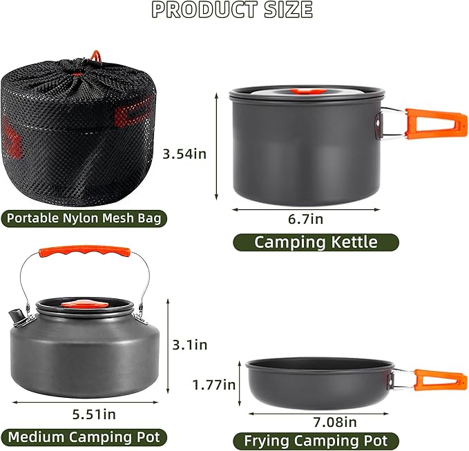aiGear 3pcs Camping Cookware Mess Kit, Non-Stick Camping Pan Pot Kettle, Lightweight Aluminum