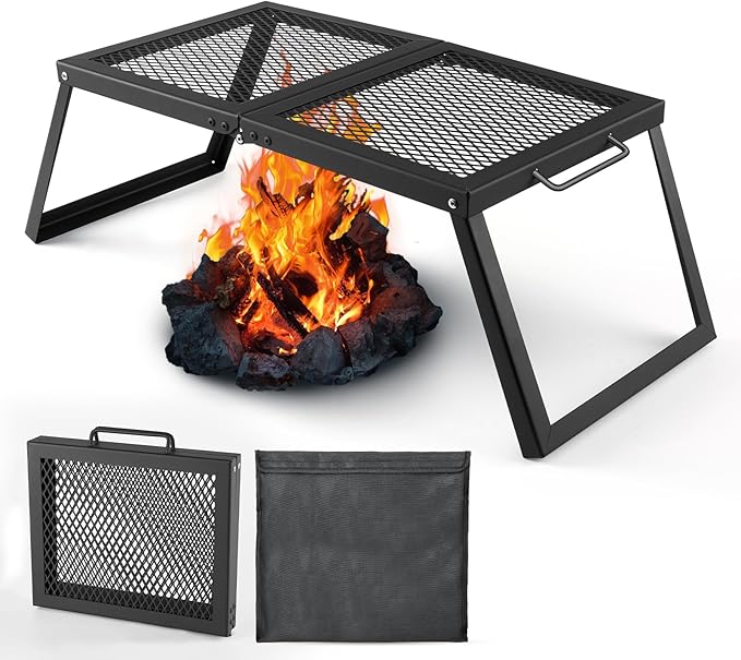 Odoland Folding Campfire Grill, Heavy Duty Steel Mesh Grate with Folding Legs and Storage Bag