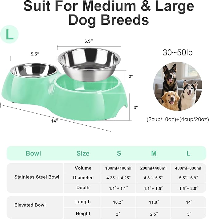 Elevated Dog Bowls Set - Non-Slip Raised Pet Feeder with Medium (2 Cups) & Large (4 Cups) Stainless