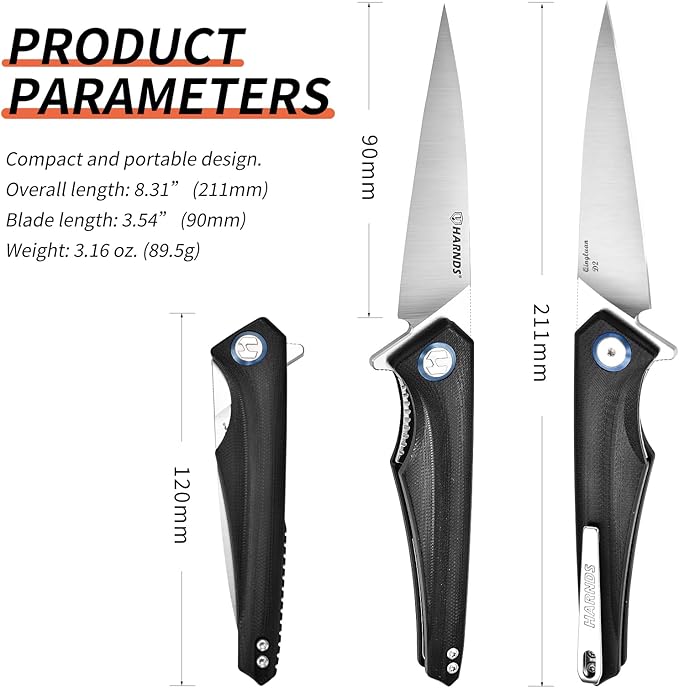 Qingluan Folding Knife with Pocket Clip, D2 Steel Blade 3.54'' and G10 Handle Outdoor Adventure