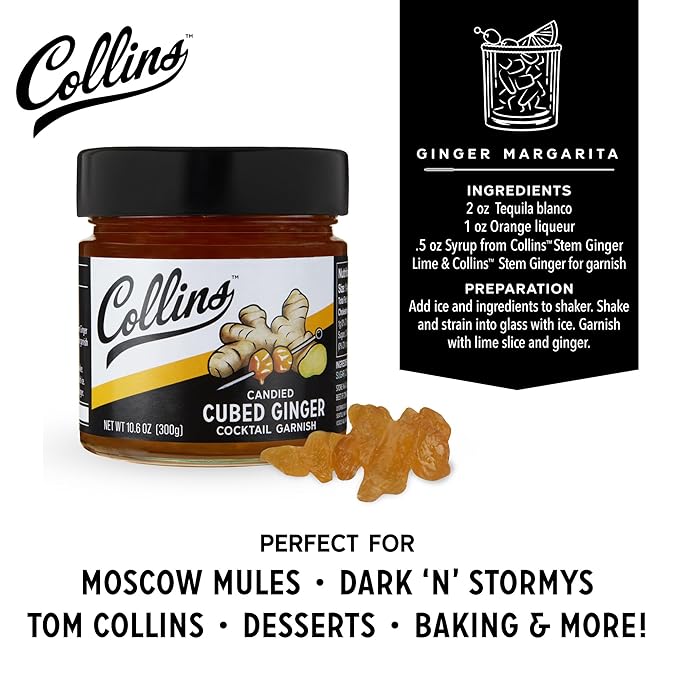 Collins Candied Ginger in Syrup for Cocktails, Gluten Free Skinny Cocktail Garnish for Whiskey