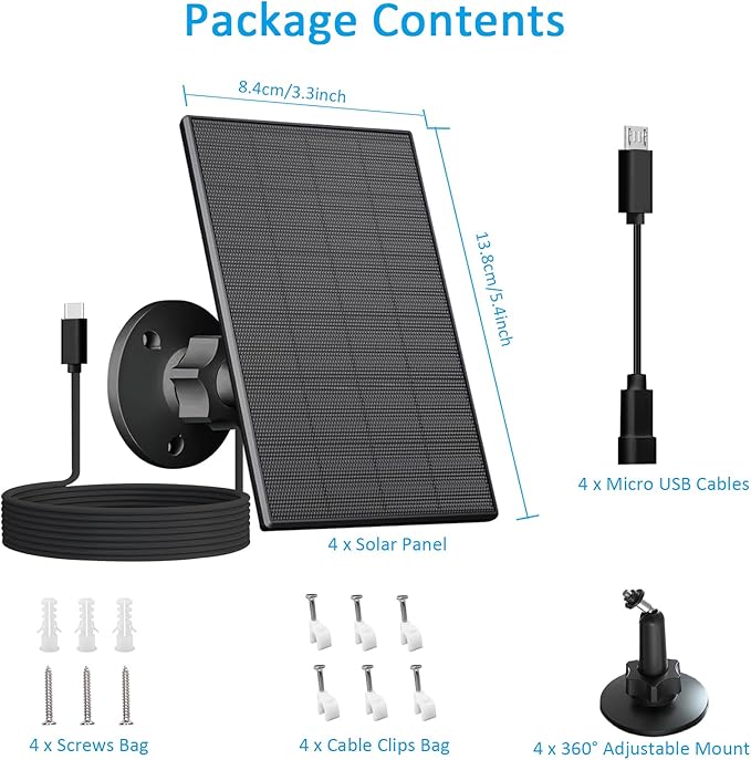 2W Solar Panel for Security Camera Outdoor, USB/USB-C Charger with IP65 Waterproof, 360° Adjustable