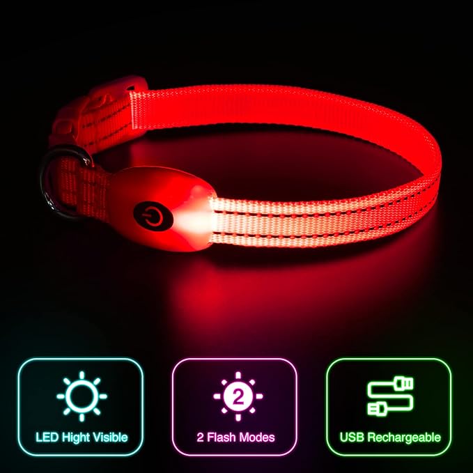 YFbrite Light up Dog Collars for Night Walking, Rechargeable LED Cat Collar, Comfortable Adjustable