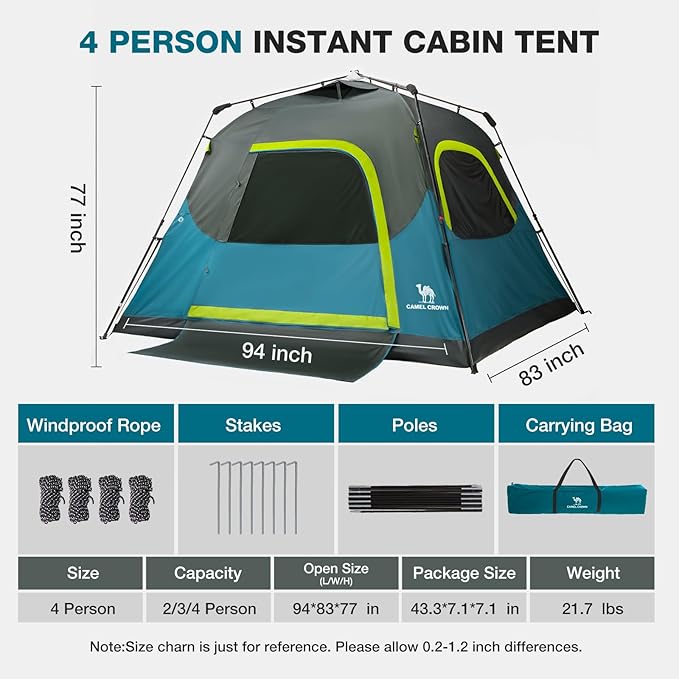 CAMEL CROWN Instant Tents for Camping 4-6 Person Tent Waterproof Easy Setup Sets Up in 60 Seconds
