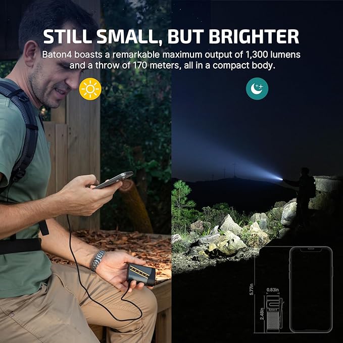 OLIGHT Baton4 Rechargeable EDC Flashlight, LED Pocket Light 1300 Lumens with Magnetic Charging