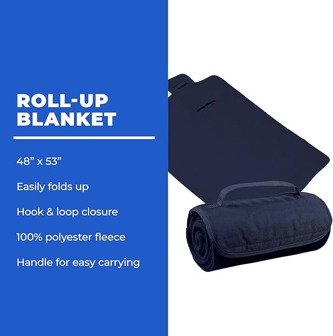 25 Ct of Roll-Up Blankets for Camping, Travel, Outdoors, Beach, Picnics – Dark Blue – Hook + Loop