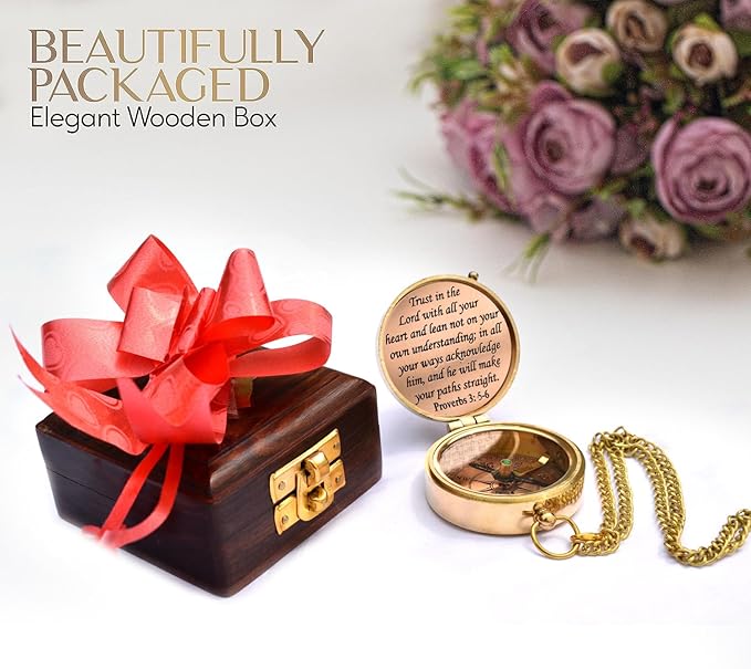 Trust in The Lord With All Your Heart - Proverbs 3:5-6 Quote Engraved Compass With Wooden Box