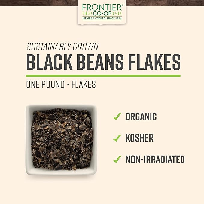 Frontier Co-op Organic Black Beans Flakes 1lb - For Black Bean Burger Patties, Dry Bean Soup Mix