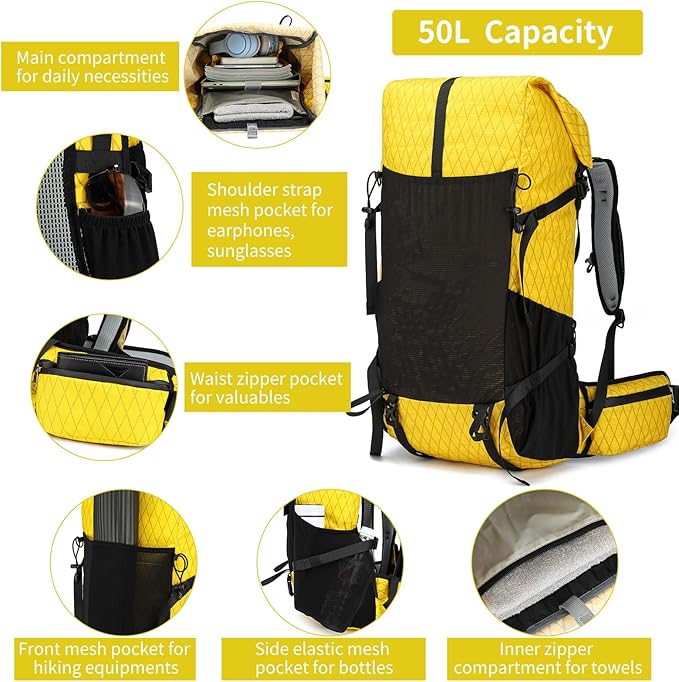 Hiking Backpack,40L to 50L Extra Large Capacity Hiking Bag,Internal Frame Camping Backpack,Upgraded