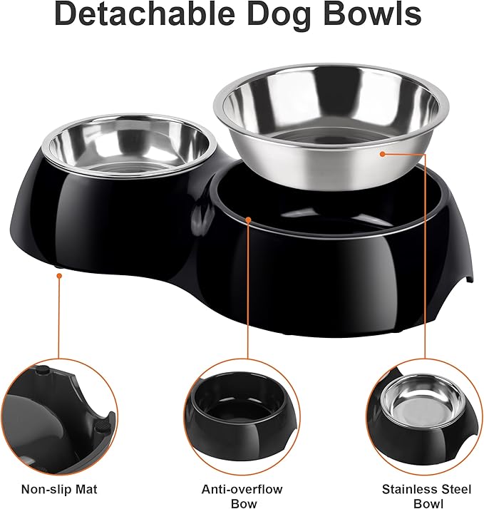 Double Dog Bowls Set ??Non-Slip Pet Food & Water Dishes with Resin Stand, Includes Small (1 Cup) &